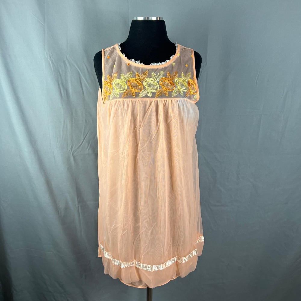 Vintage Womens Babydoll Nightgown Peach Chiffon Floral Embroidered Sleep Wear